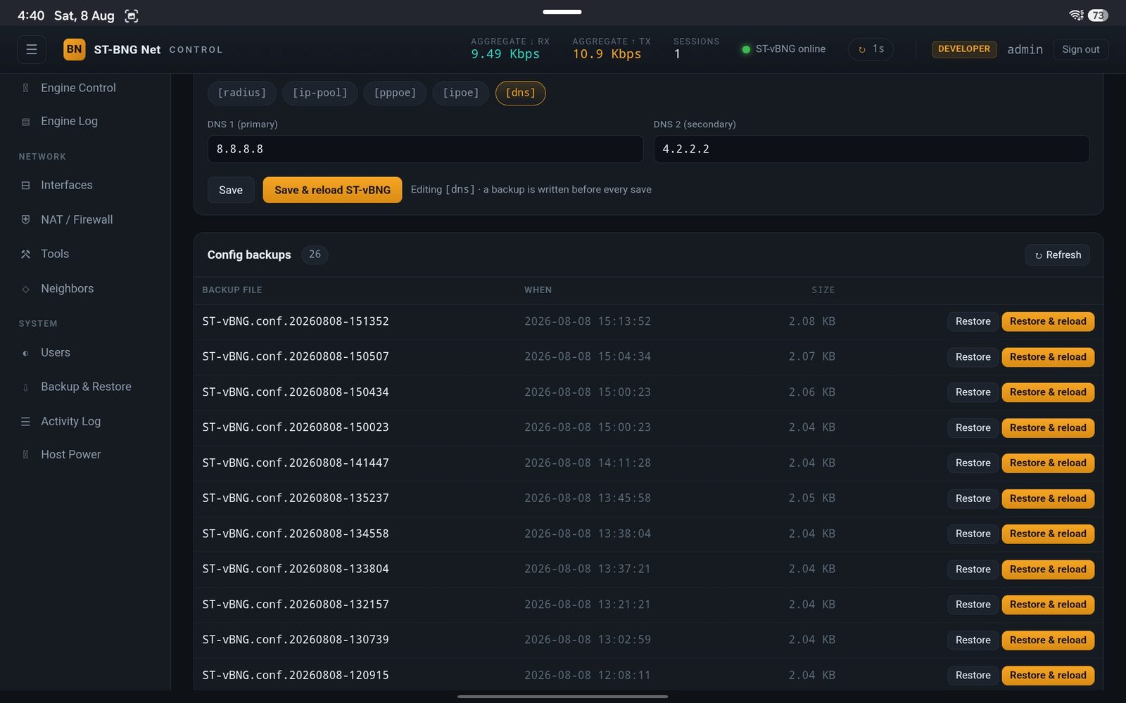 DNS servers advertised to subscribers — with auto-backup before every save.
