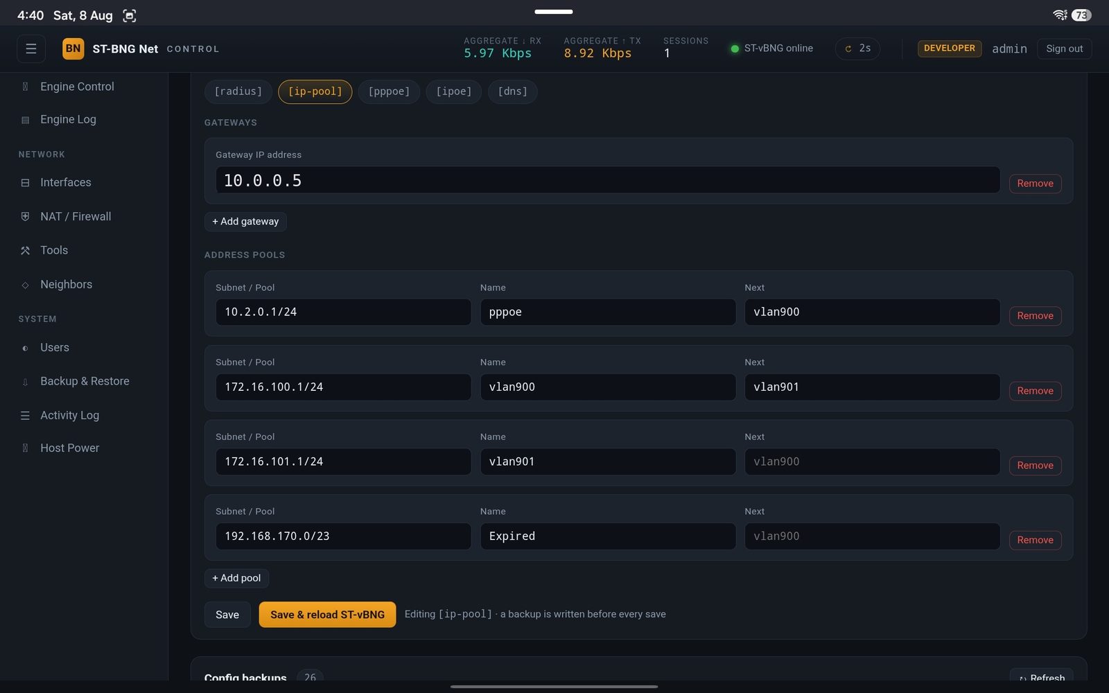 Gateways and address pools per VLAN, chained for overflow.